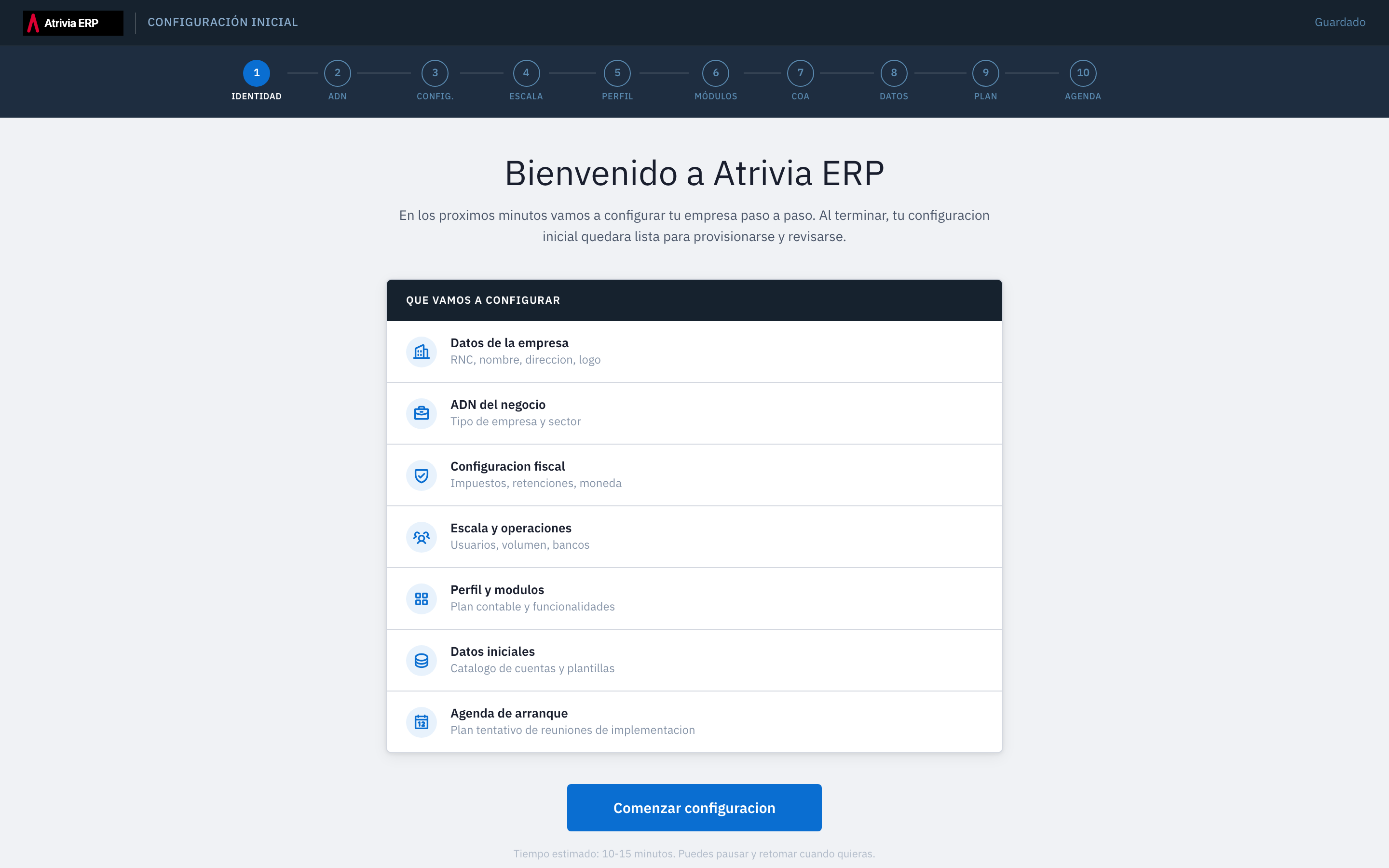 Pantalla de bienvenida del wizard de onboarding