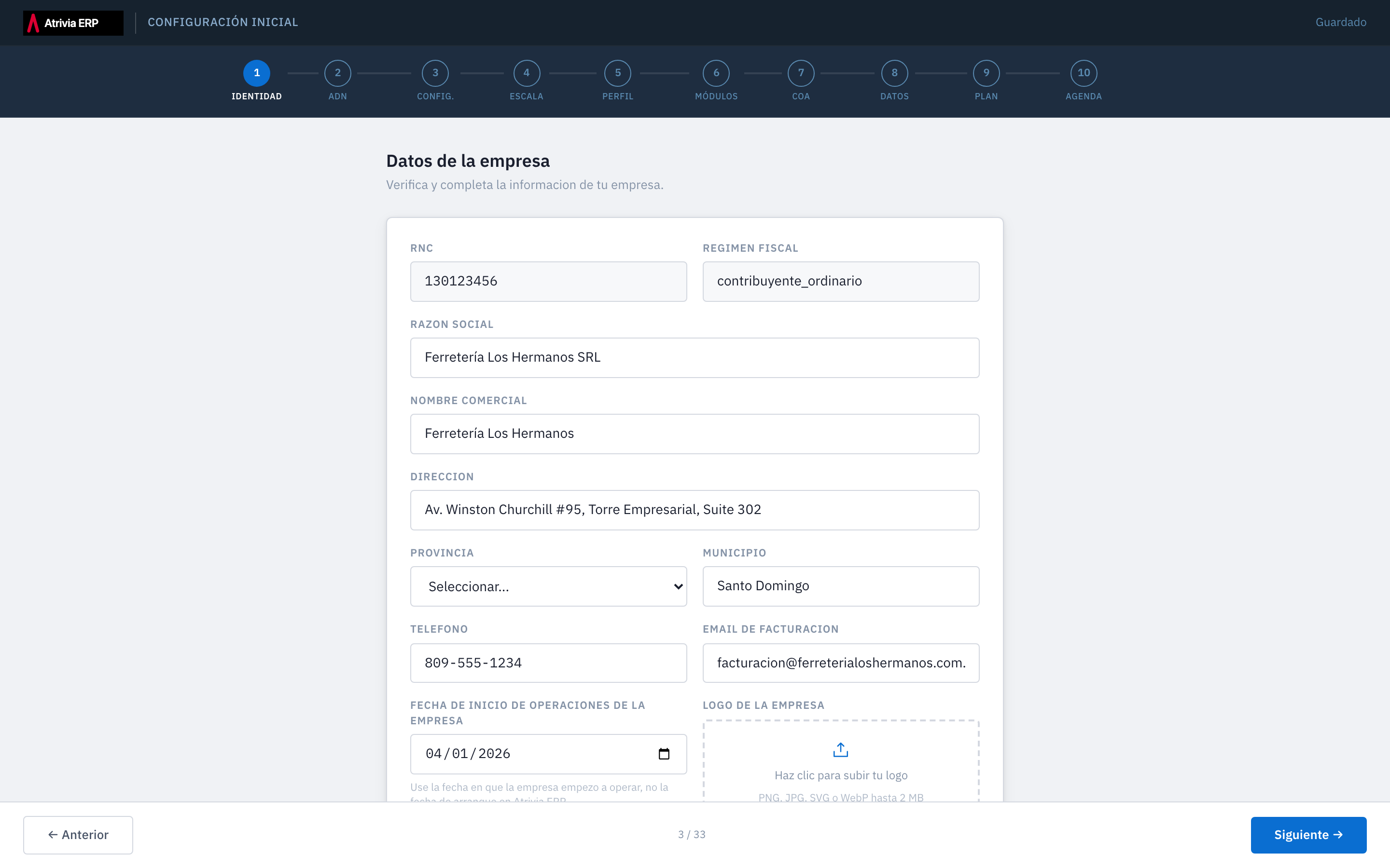 Formulario de datos de la empresa