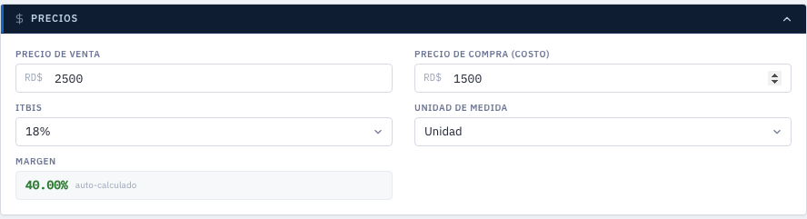 Precios y margen calculado