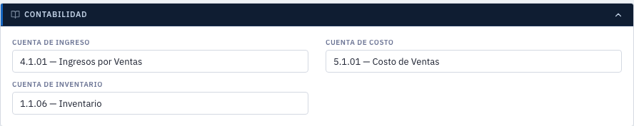 Cuentas contables del producto