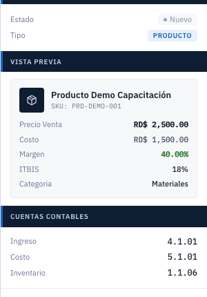 Panel lateral con estado, vista previa y cuentas contables